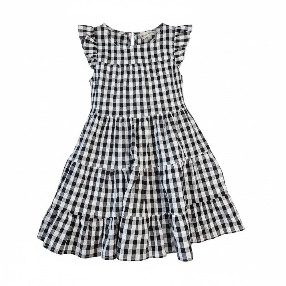 Poppies and Roses Girls Gingham‎ Tiered Dress Flutter Sleeve Black White S